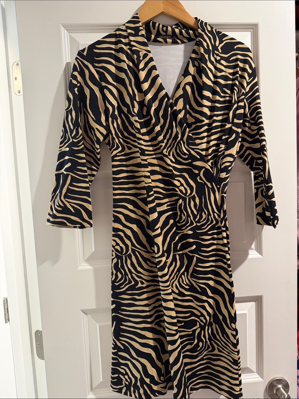 J. McLaughlin Black and Beige Zebra-Print Wrap Midi Dress